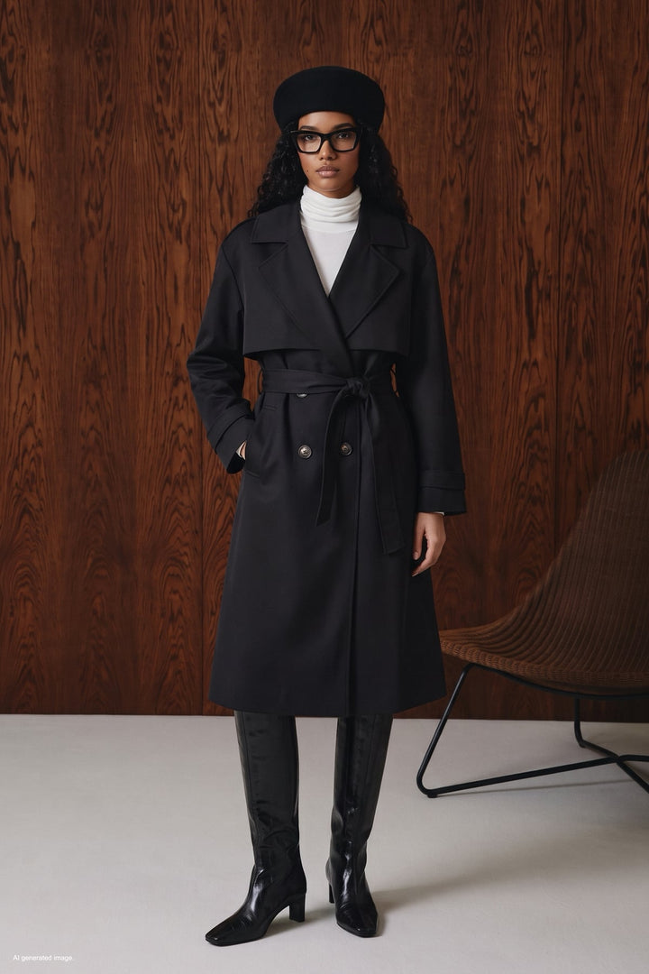 Sateen Trench avec détails épaulettes - Noir