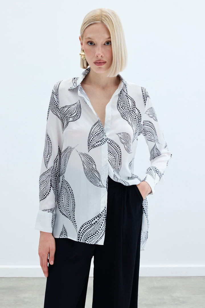 Sateen Chemise Imprimée Longue au Dos - Écru
