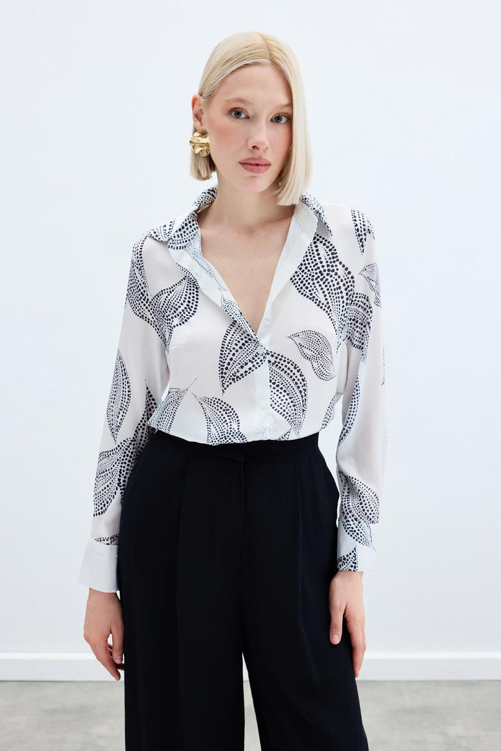 Sateen Chemise Imprimée Longue au Dos - Écru