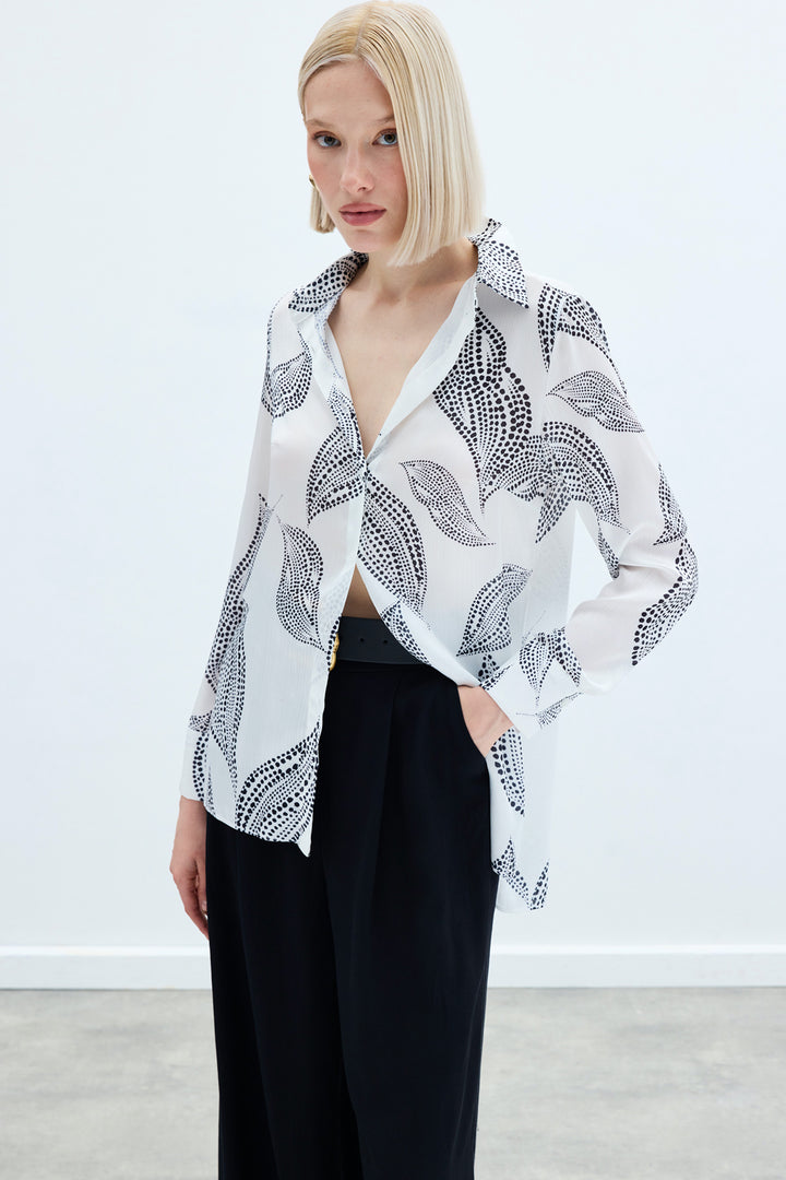 Sateen Chemise Imprimée Longue au Dos - Écru