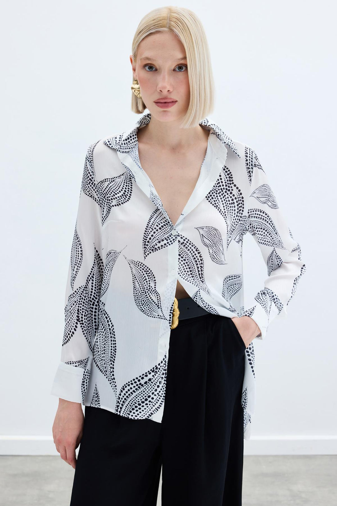 Sateen Chemise Imprimée Longue au Dos - Écru