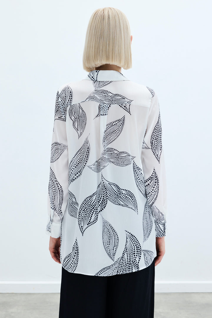 Sateen Chemise Imprimée Longue au Dos - Écru