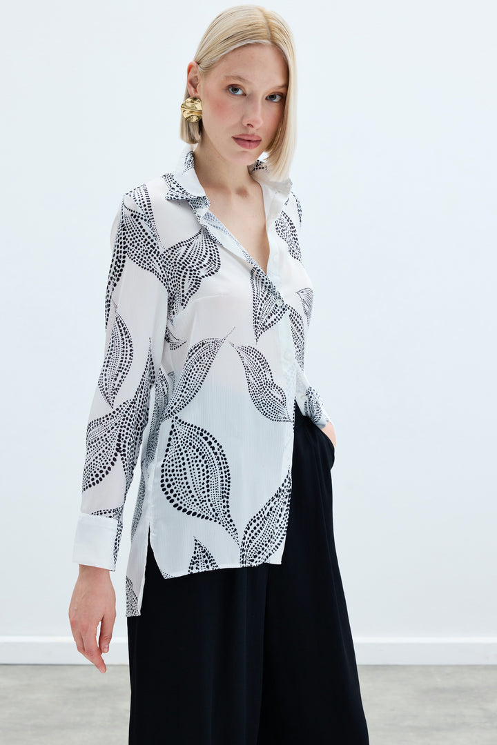 Sateen Chemise Imprimée Longue au Dos - Écru