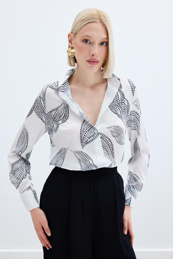 Sateen Chemise Imprimée Longue au Dos - Écru