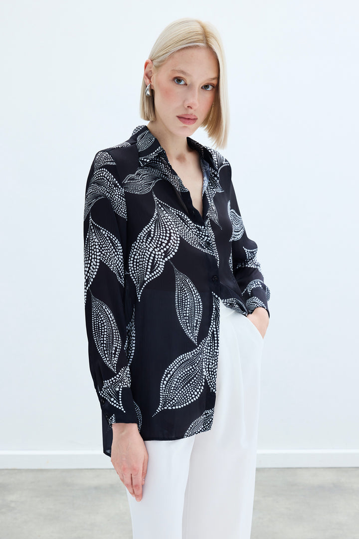 Sateen Chemise Imprimée Longue au Dos - Noir
