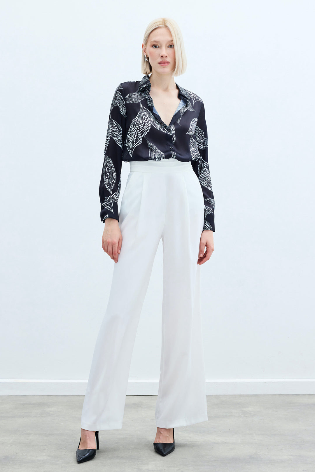 Sateen Chemise Imprimée Longue au Dos - Noir