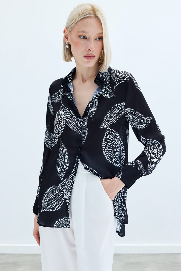 Sateen Chemise Imprimée Longue au Dos - Noir