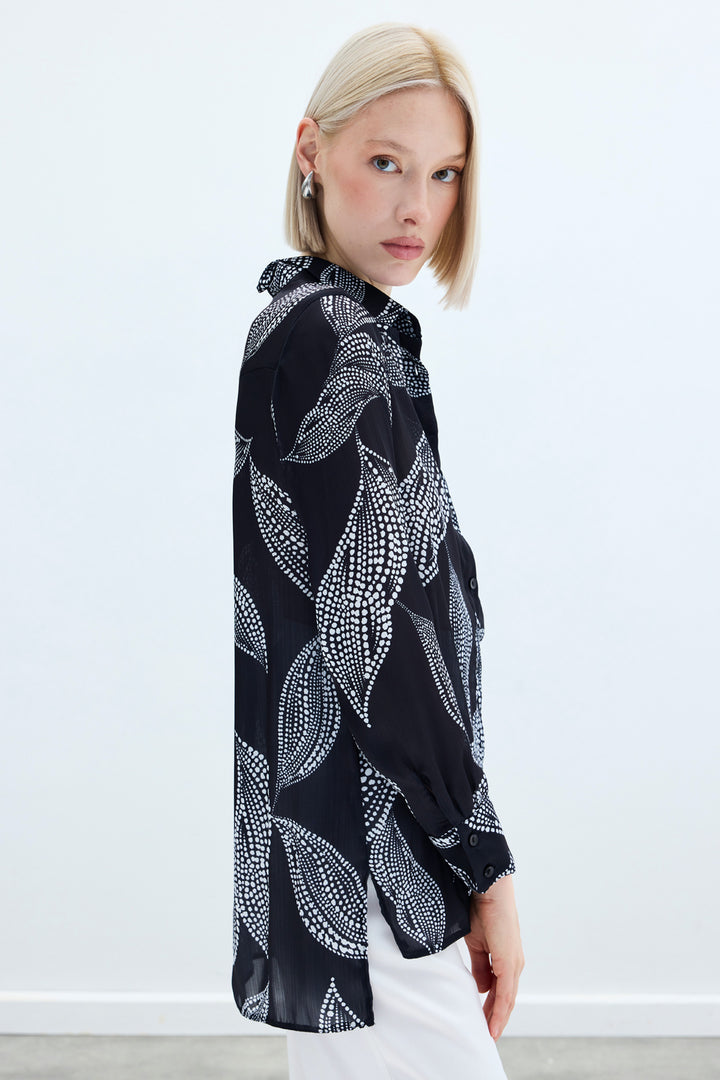 Sateen Chemise Imprimée Longue au Dos - Noir