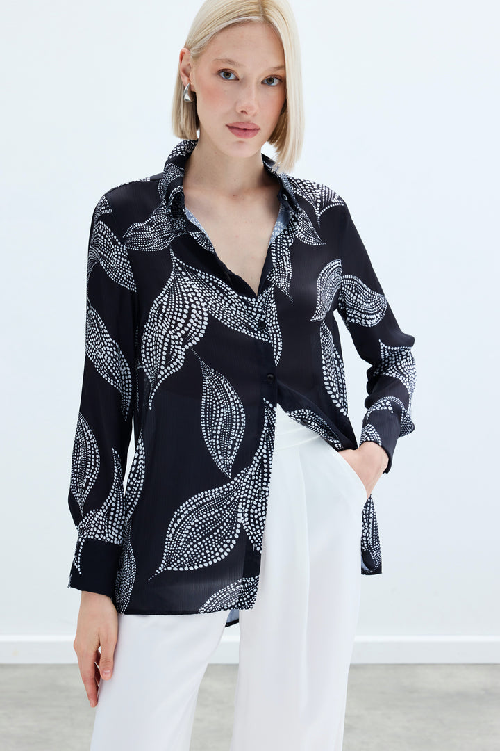 Sateen Chemise Imprimée Longue au Dos - Noir