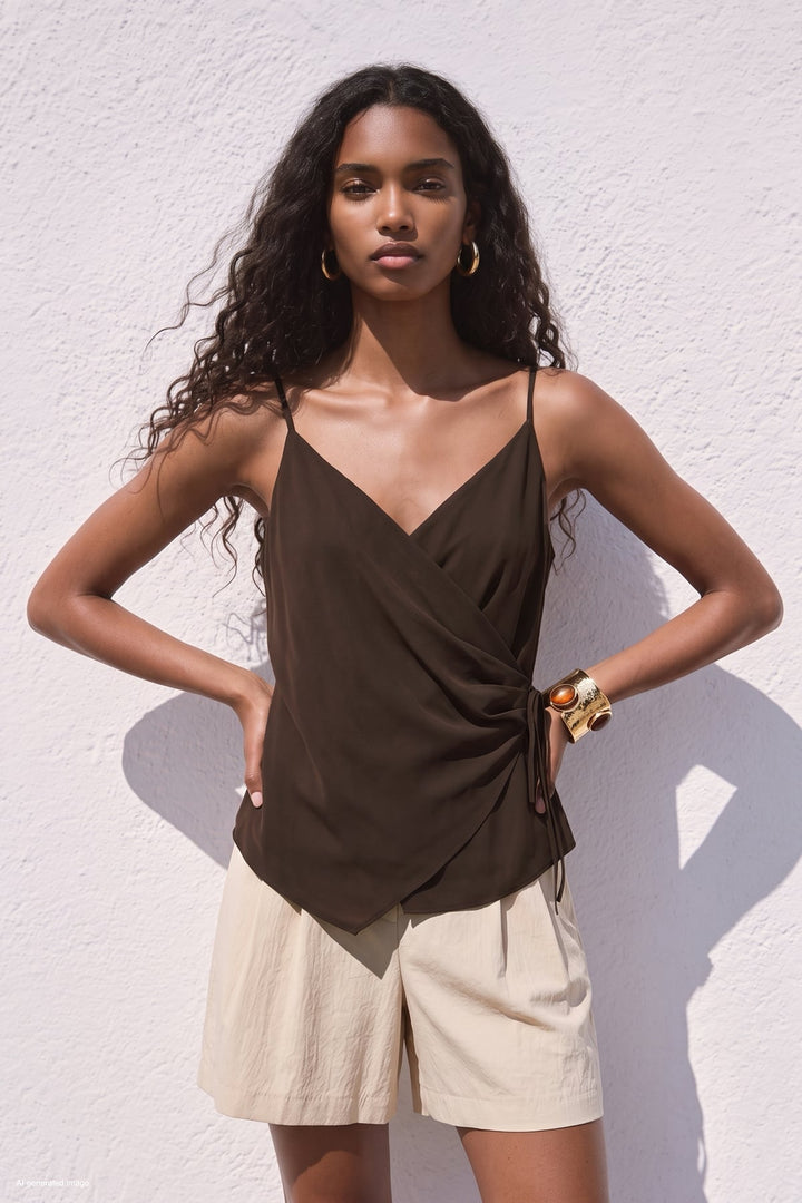 Sateen Blouse croisée à bretelles - Marron