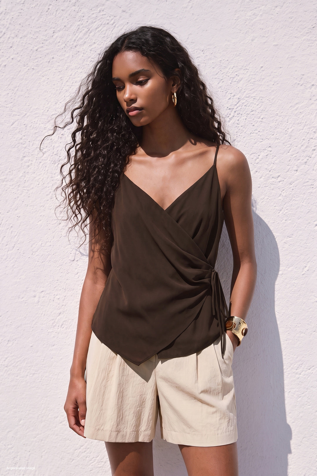 Sateen Blouse croisée à bretelles - Marron