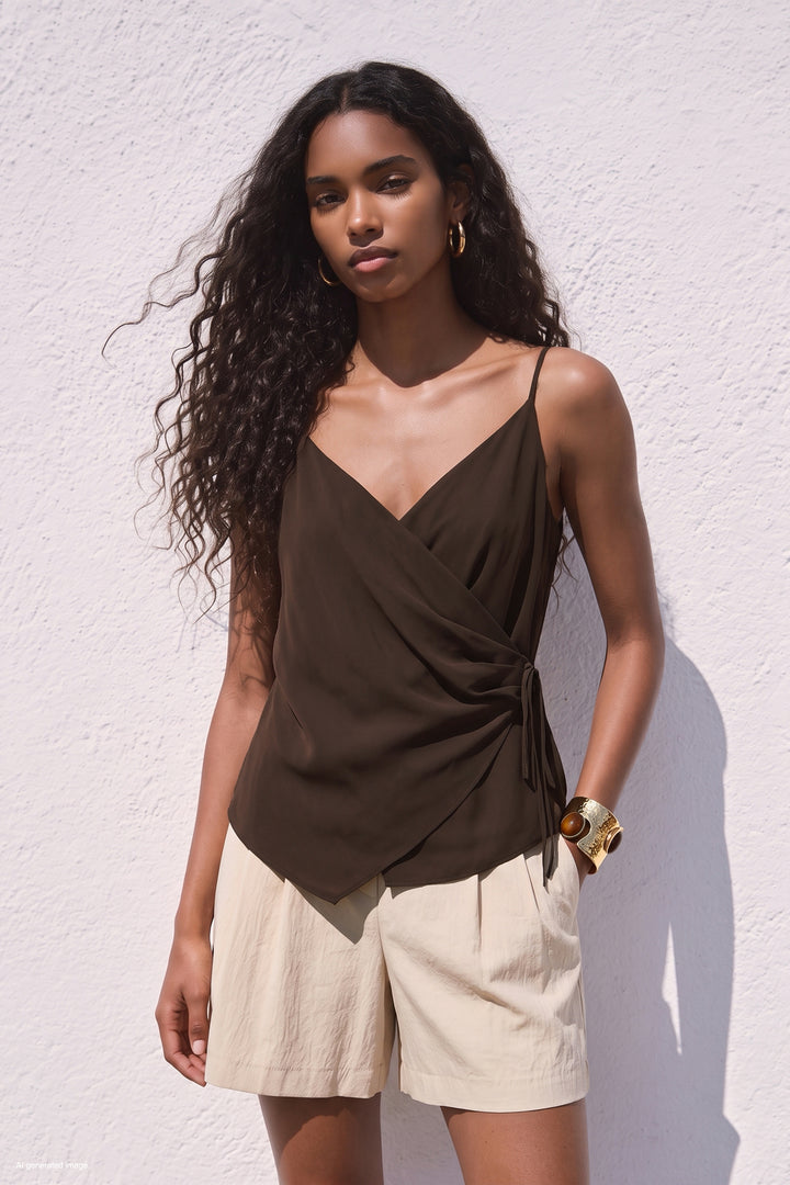 Sateen Blouse croisée à bretelles - Marron