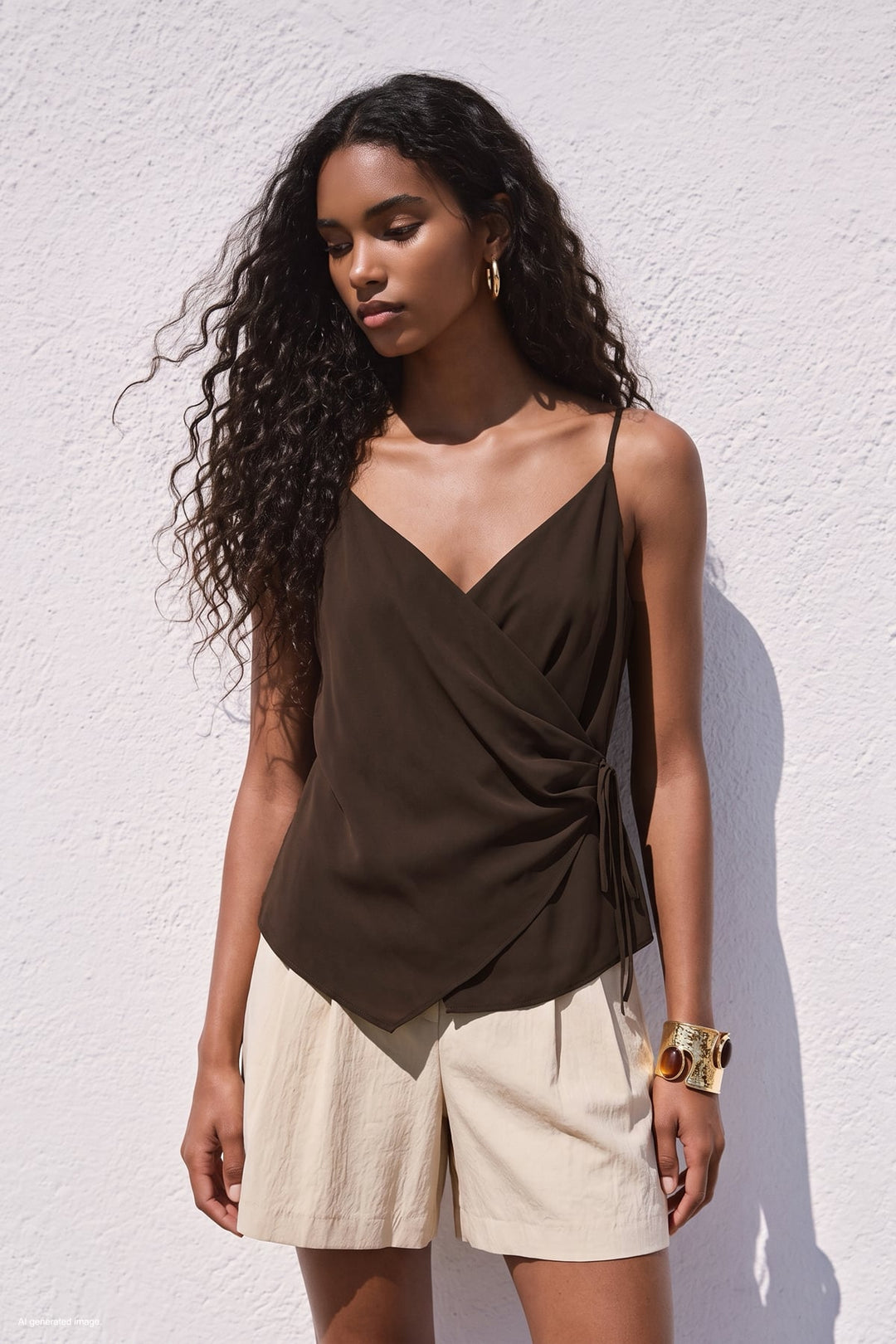 Sateen Blouse croisée à bretelles - Marron
