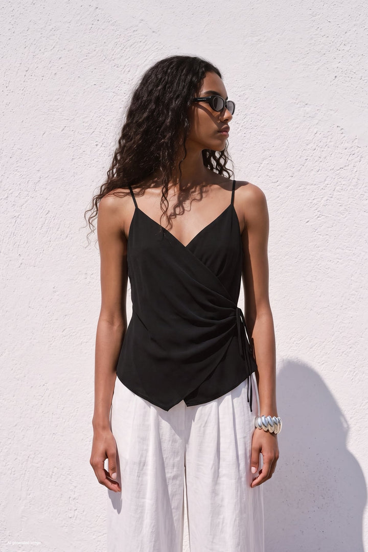 Sateen Blouse croisée à bretelles - Noir