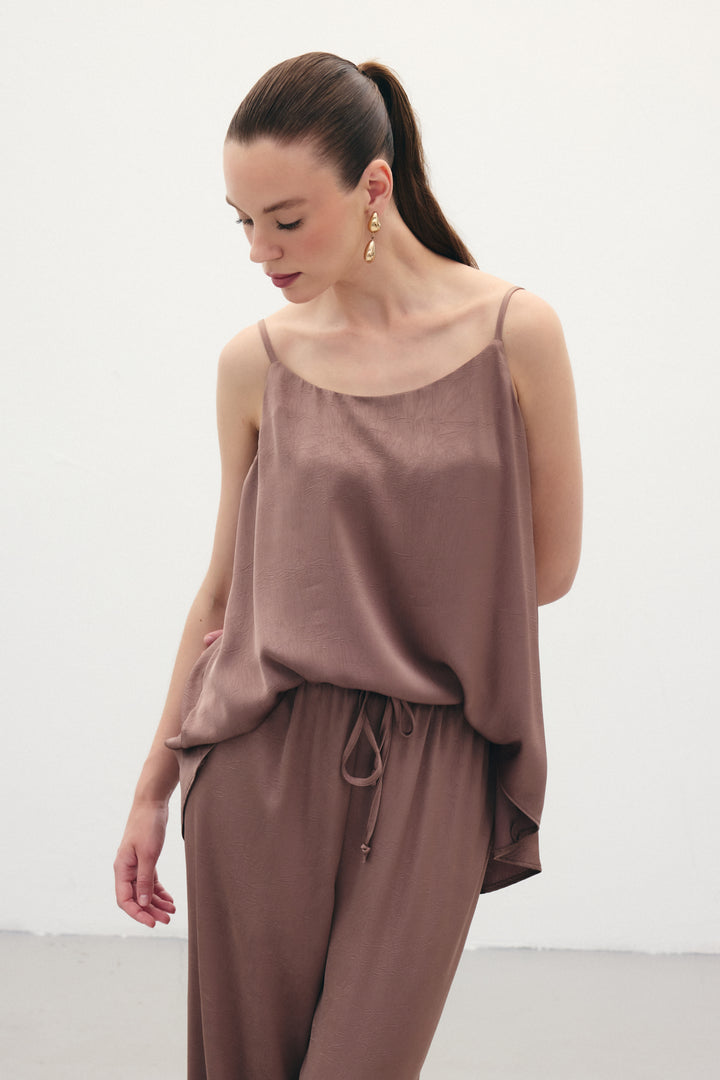 Sateen Débardeur Satiné à Bretelles - Marron