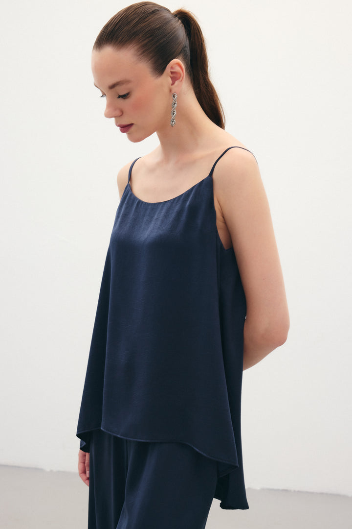 Sateen Débardeur Satiné à Bretelles - Bleu marine
