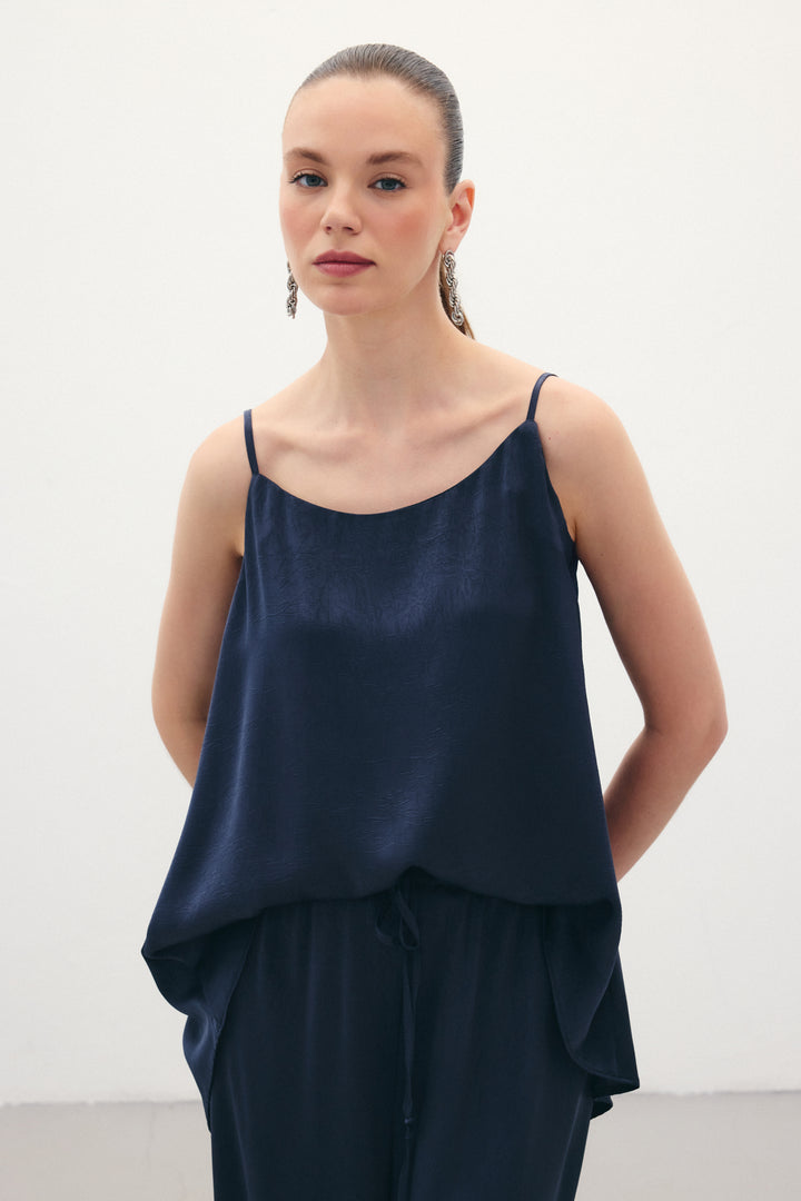 Sateen Débardeur Satiné à Bretelles - Bleu marine