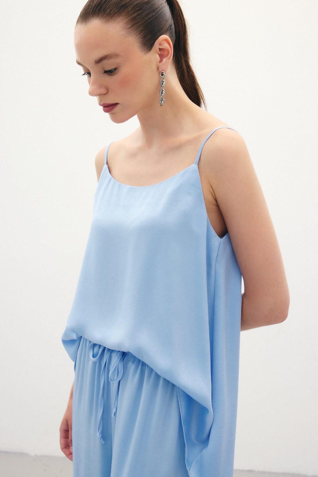 Sateen Débardeur Satiné à Bretelles - Bleu