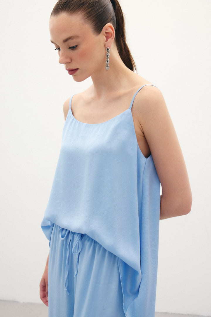 Sateen Débardeur Satiné à Bretelles - Bleu