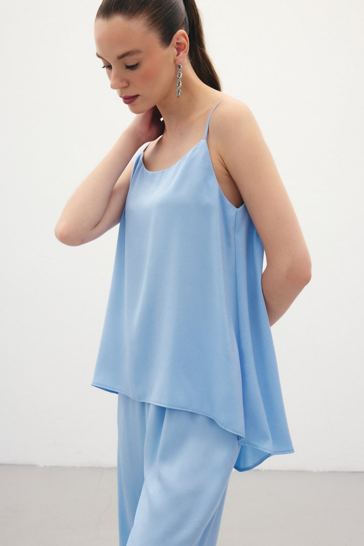 Sateen Débardeur Satiné à Bretelles - Bleu