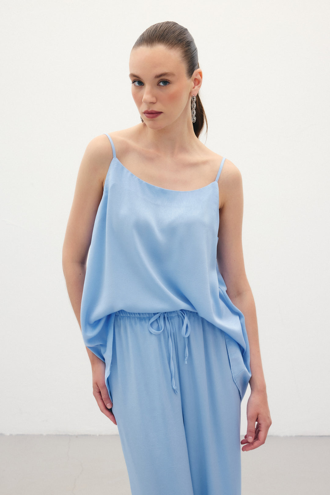Sateen Débardeur Satiné à Bretelles - Bleu