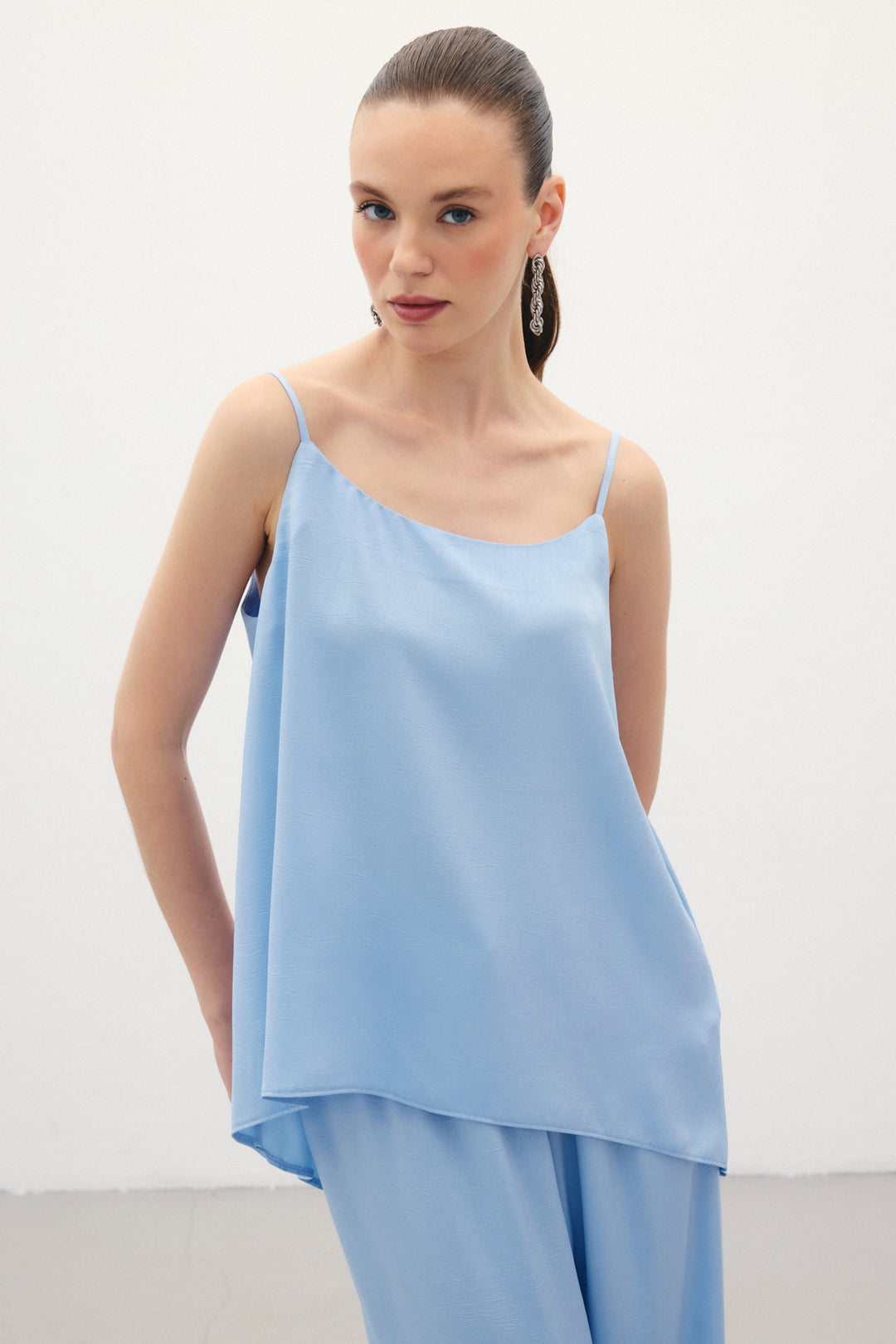 Sateen Débardeur Satiné à Bretelles - Bleu