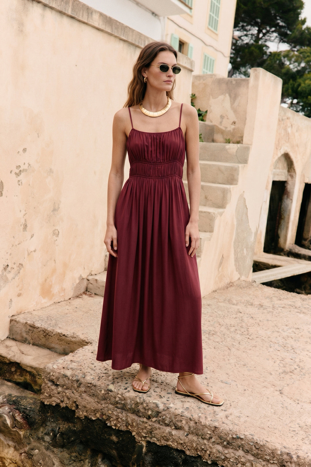Sateen Robe longue à bretelles - Bordeaux