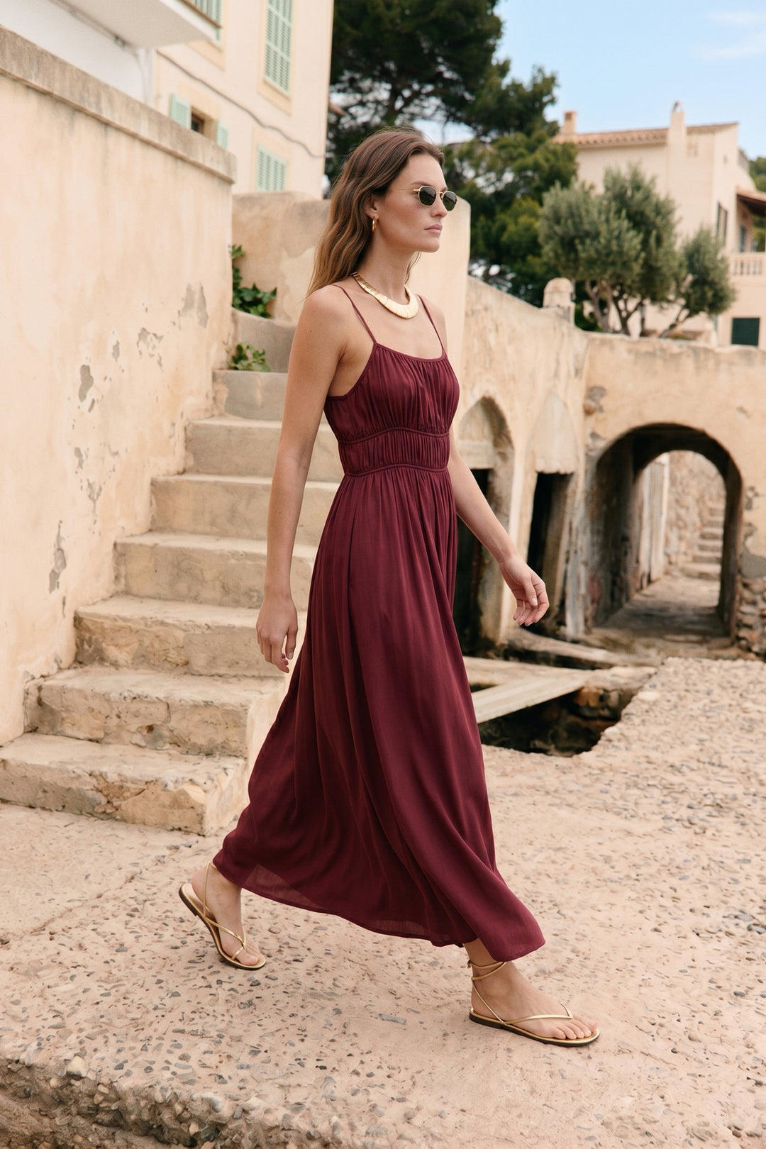 Sateen Robe longue à bretelles - Bordeaux