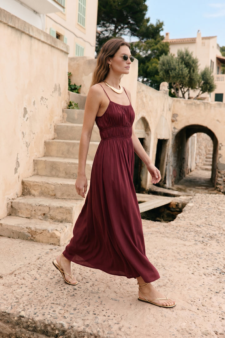 Sateen Robe longue à bretelles - Bordeaux