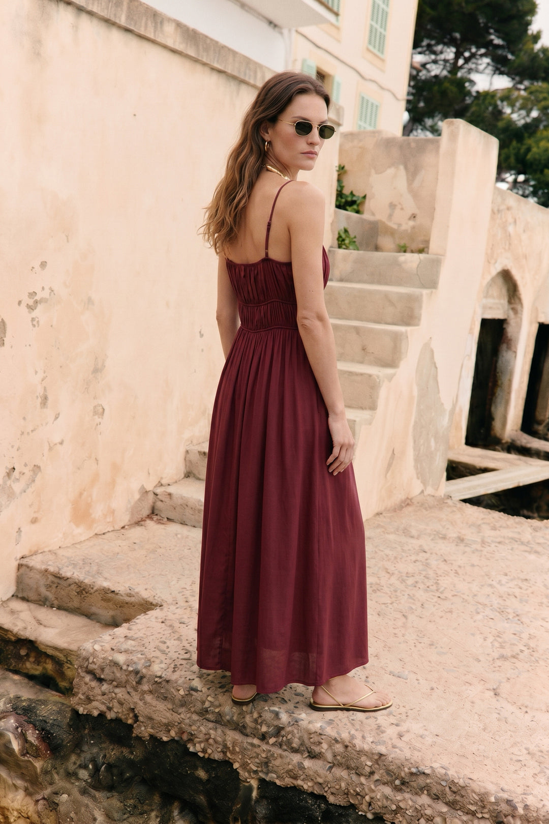 Sateen Robe longue à bretelles - Bordeaux