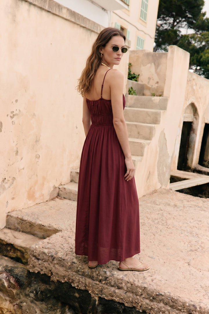 Sateen Robe longue à bretelles - Bordeaux