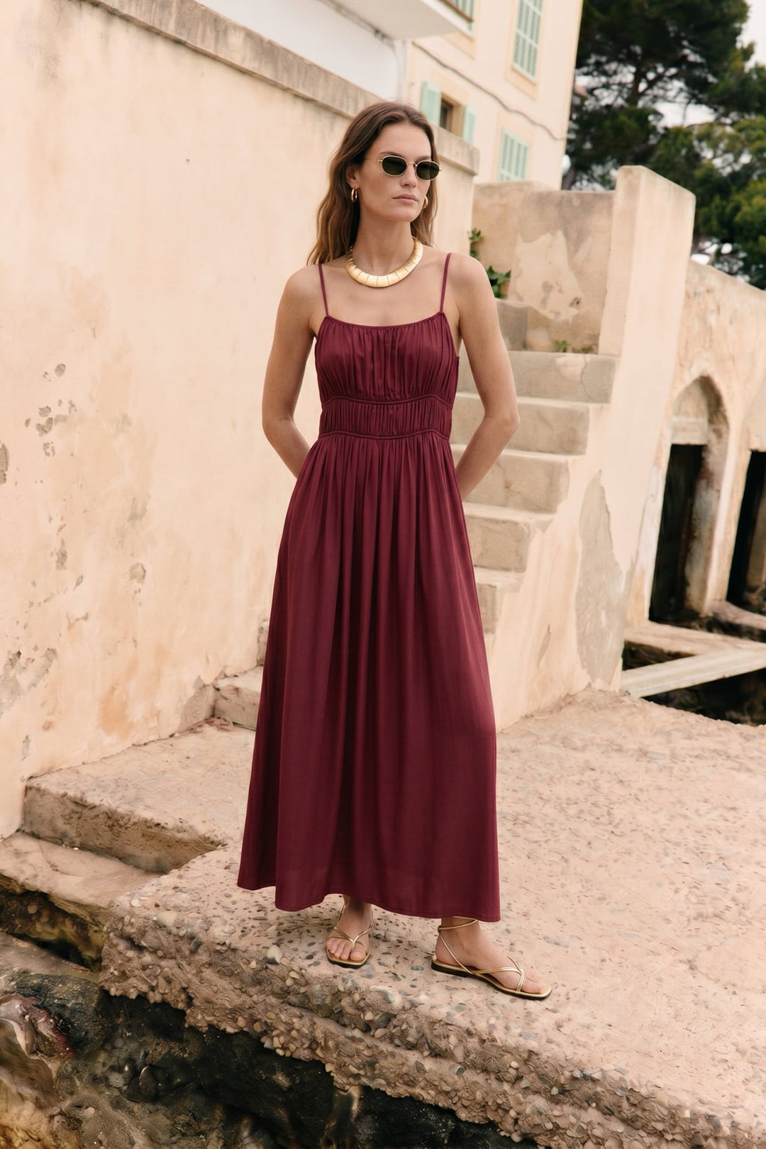 Sateen Robe longue à bretelles - Bordeaux