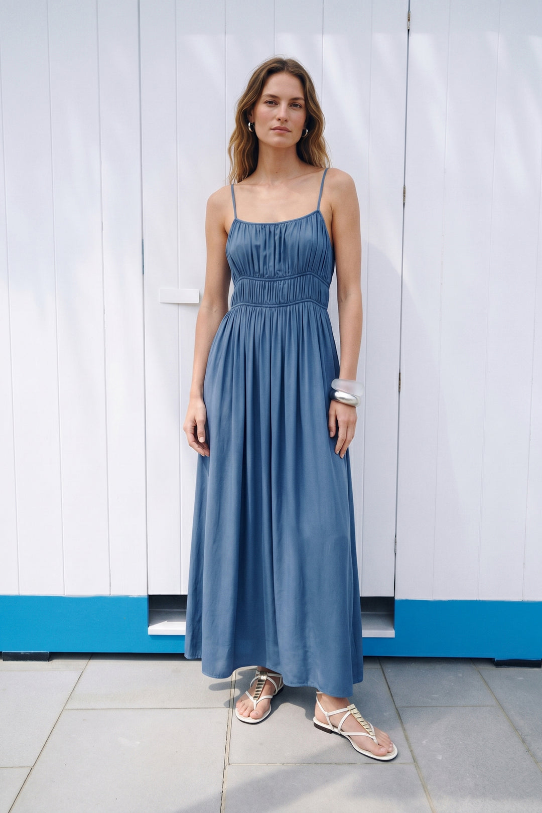 Sateen Robe longue à bretelles - Indigo