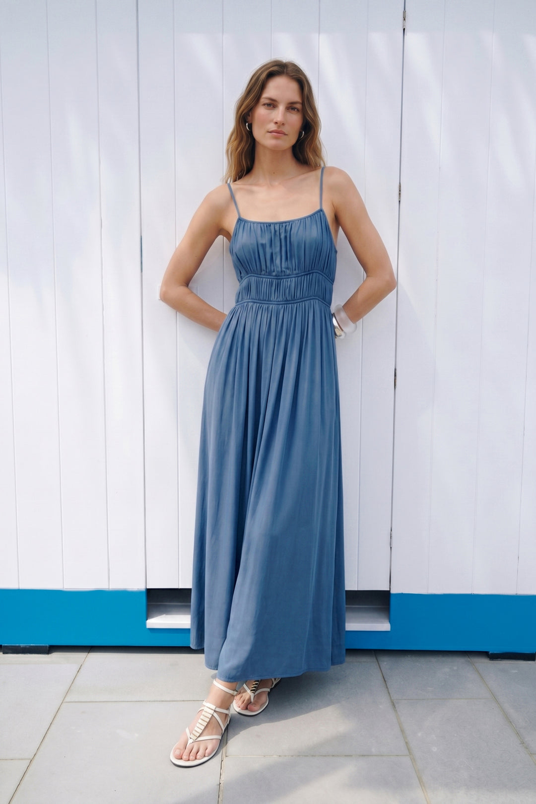 Sateen Robe longue à bretelles - Indigo