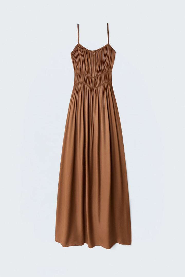 Sateen Robe Longue à Bretelles - Marron