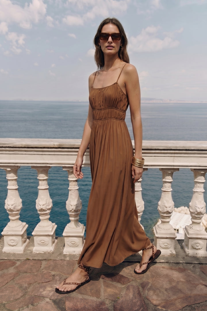Sateen Robe Longue à Bretelles - Marron