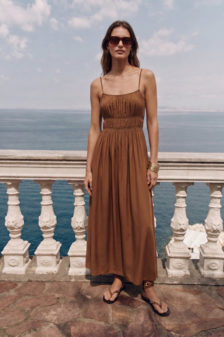 Sateen Robe Longue à Bretelles - Marron