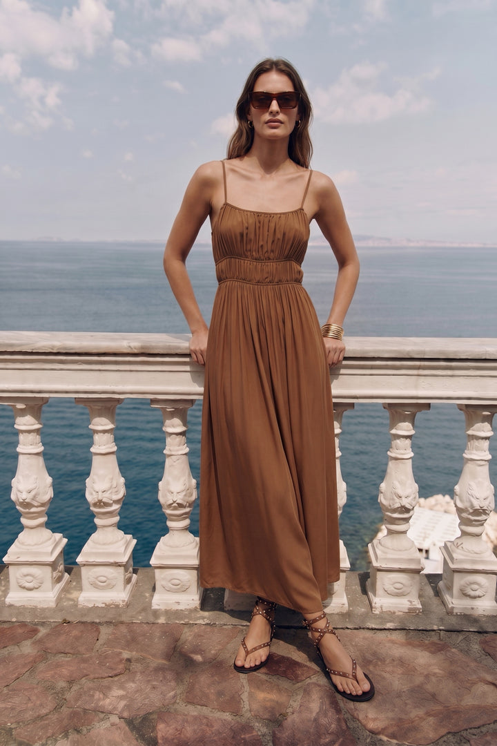 Sateen Robe Longue à Bretelles - Marron