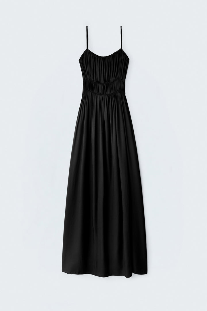 Sateen Robe longue à bretelles - Noir