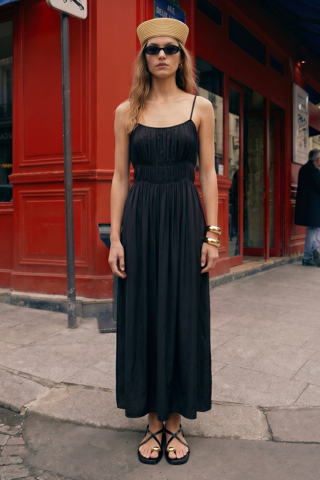 Sateen Robe longue à bretelles - Noir