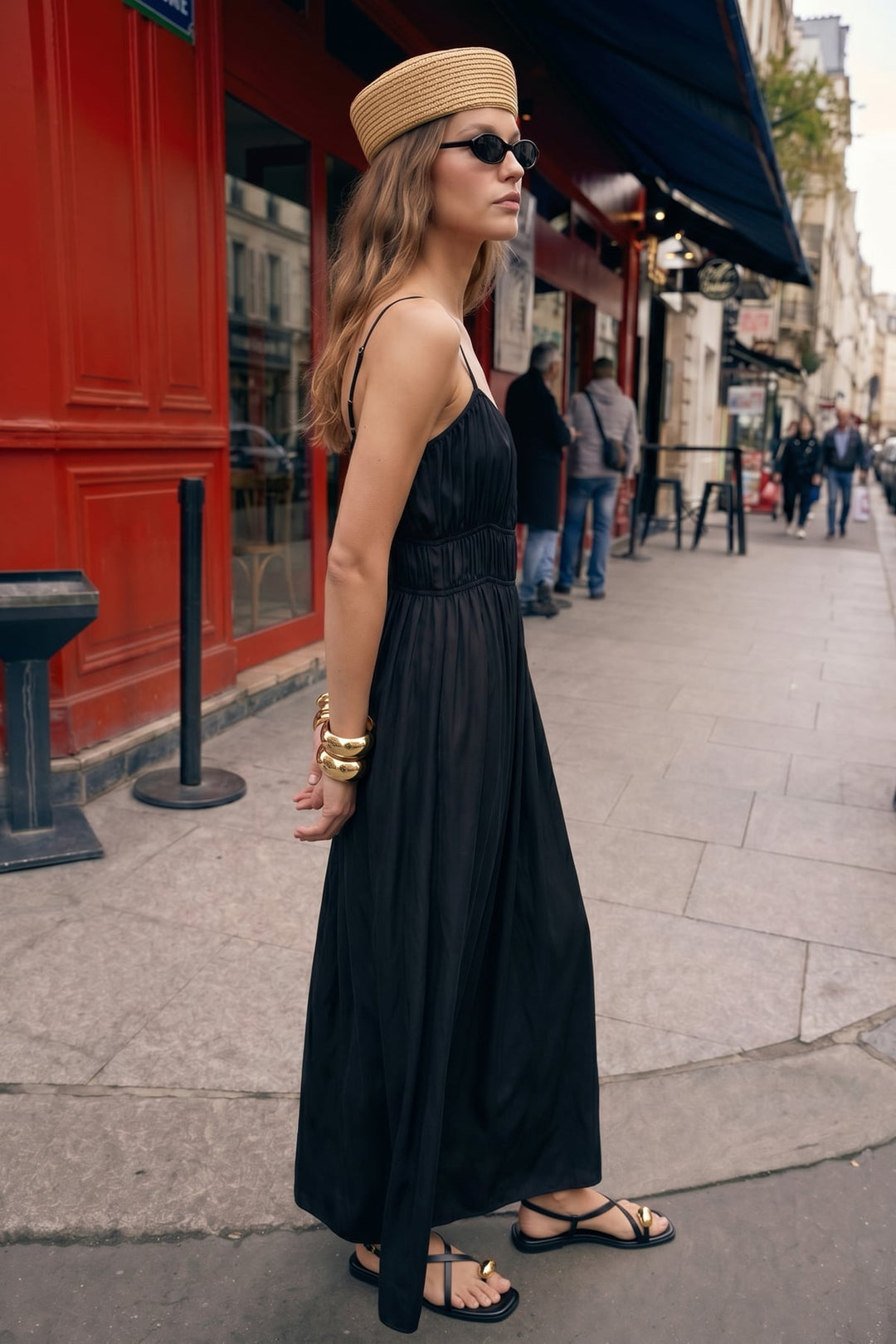 Sateen Robe longue à bretelles - Noir