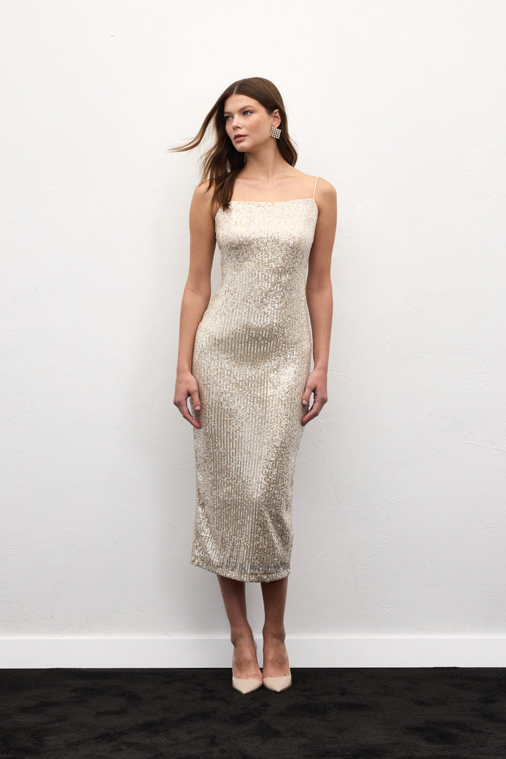 Sateen Robe Longue Pailletée Bretelles - Beige