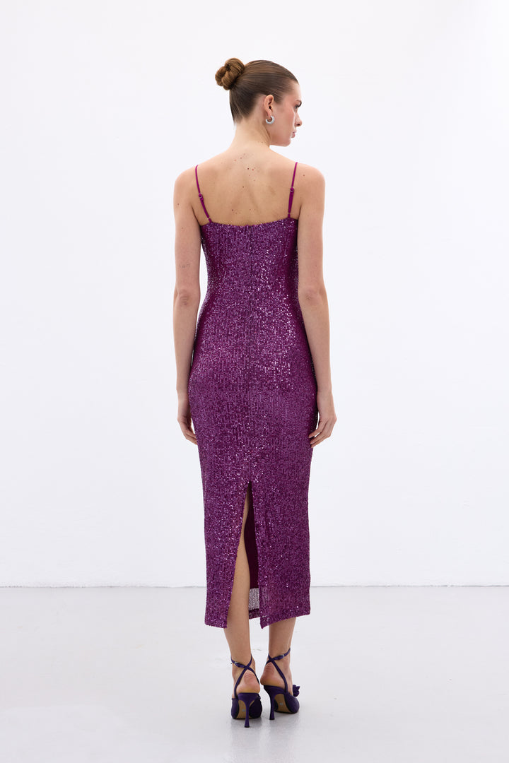 Sateen Robe Longue Pailletée Bretelles - Prune