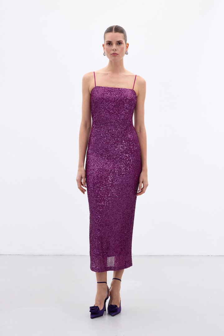 Sateen Robe Longue Pailletée Bretelles - Prune