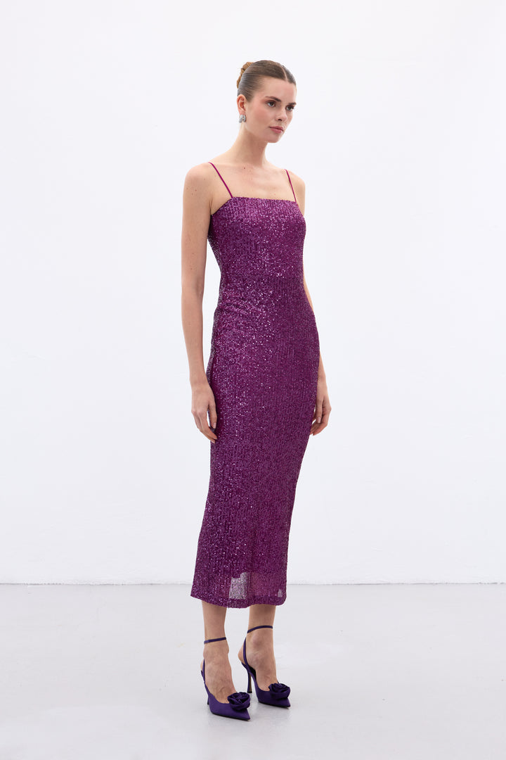 Sateen Robe Longue Pailletée Bretelles - Prune
