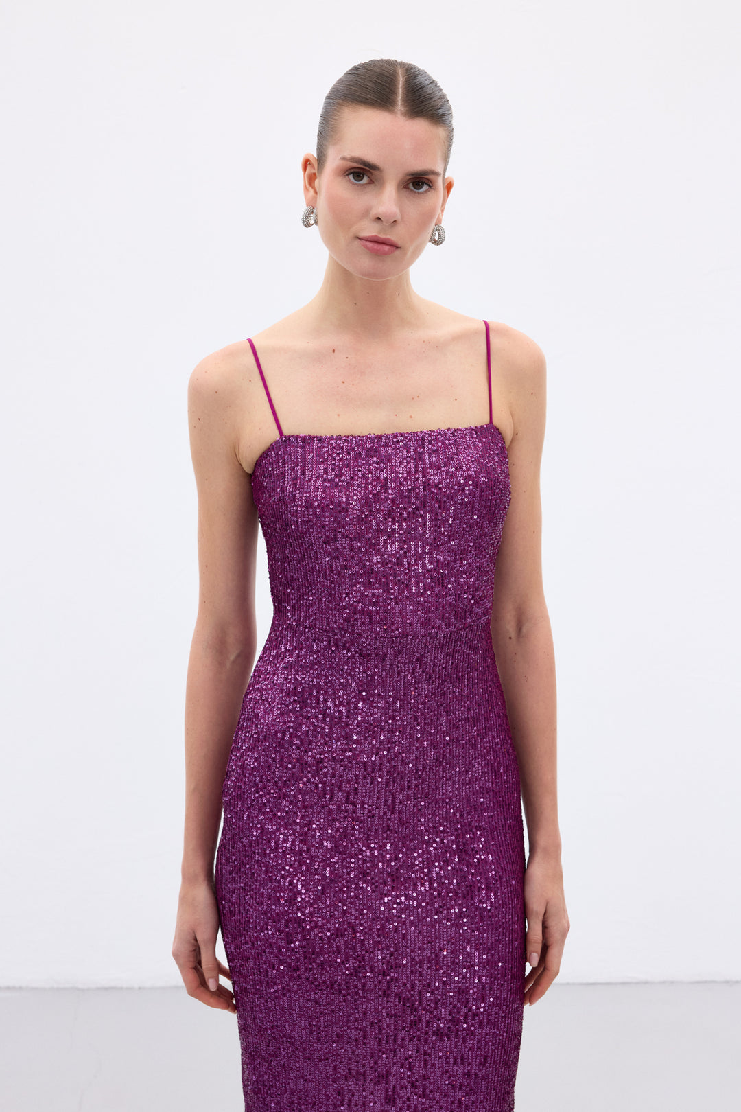 Sateen Robe Longue Pailletée Bretelles - Prune