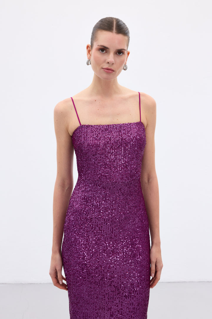 Sateen Robe Longue Pailletée Bretelles - Prune