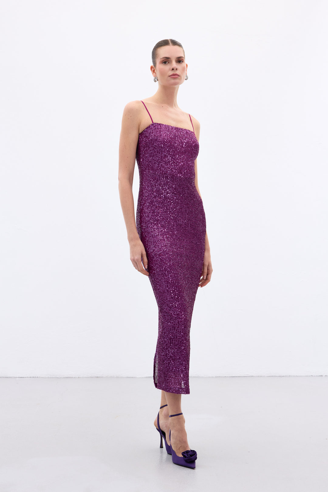 Sateen Robe Longue Pailletée Bretelles - Prune