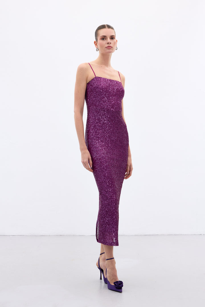 Sateen Robe Longue Pailletée Bretelles - Prune