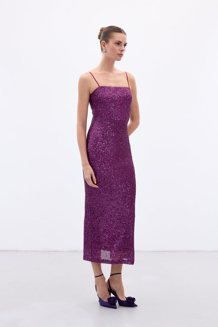 Sateen Robe Longue Pailletée Bretelles - Prune